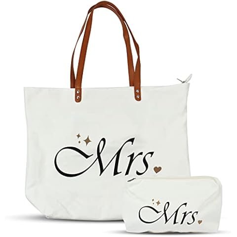 Women's Canvas Tote Bag Set,Large Bride Bag Set,wedding gifts engagement gift for bride,Wedding Party Bachelorette Party Birthday Mother's day Christmas gifts Mrs- White Cover