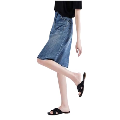 2025 Jupe en jean taille haute décontractée amincissante coupe trapèze mi-longue pour femme, bleu, M
