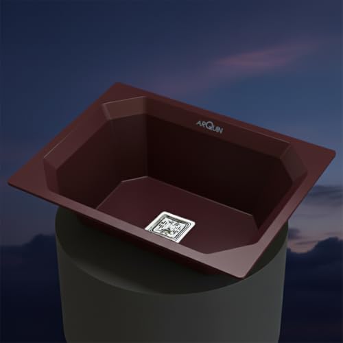 Image of ARQUIN Quartz Kitchen Sink 24x18x9 Inch Brown Diamond | Single Bowl Sink | Durable & Scratch-Resistant | Undermount /Topmount Including Coupling, Waste Pipe & Fruit Washing Basket