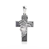 Sterlingsilber Kreuz Anhänger mit Jesus Christus Gesicht & INRI Gravur – 925 Silber Halskette – Elegantes Religiöses Schmuckstück für Männer & Frauen