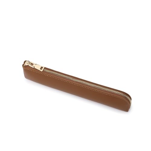Image of Faux Leather Pencil Case Small Pencil Pouch Slim Pen Case Holder Zipper Bag for School Office(Yellow Brown)