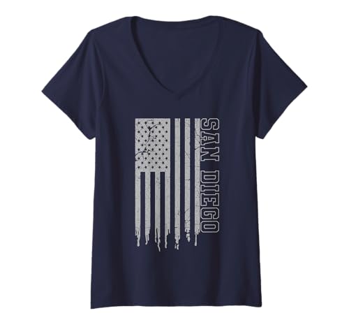 Mujer Bandera patriótica vintage de San Diego de Estados Unidos, orgullo icónico de San Diego Camiseta Cuello V