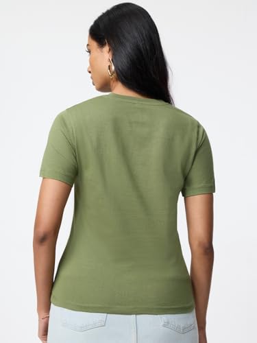 Image of The Souled Store Casual Classics: Women and Girls Short Sleeves Spread Collar Solid Cotton Regular Fit Breathable Lightweight Trendy Everyday T-Shirt