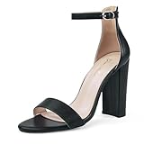 GENSHUO Women's 4 Inch High Chunky Heels Open Round Toe Block Sandals Ankle Strap Prom Wedding Party Shoes Patent Black Size 8