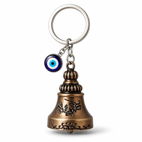 Image of Guardian Bell for Bike Riders, Guardian Bell Keychain with Evil Eye Charm, Metal Lucky Travel Amulet for Car Keys, Meaningful Gift for Men and Women (Antique Brass)