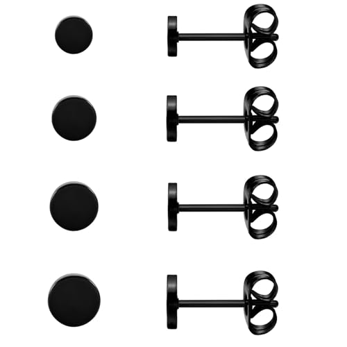BVLAGIDA 4 Paires Boucle doreille Titane pour Femmes Hommes, Hypoallergénique Noir Clou d'oreilles, Boucles d'oreilles en Titane avec Boîte, 3/4/5/6mm