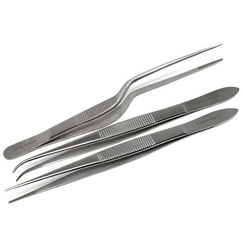 3 Stainless Steel Lab Forceps Offset Handle Tweezers Straight & Curved Serrated Tongs Set for Precision Work and General Use (6