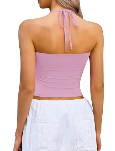 Image of Avidlove Halter Tops for Women Going Out Double Lined Sexy Crop Tank Top Ruched Slim Fit Cami Y2K Outfits Womens Summer Tops