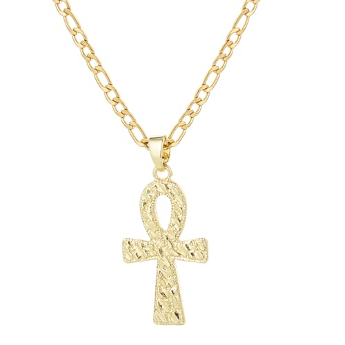 Diamond-Cut Ankh Cross Pendant Necklace for Women Men 14K White Gold Plated Stainless Steel Figaro Chain Textured Egyptian Cross Necklace (gold chain length: 18)