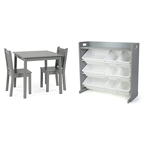 Humble Crew, Grey Kids Wood Table And 2 Chairs Set, Square & Inspire Toy Organizer With Shelf And 9 Storage Bins, Grey/White #TOP28
