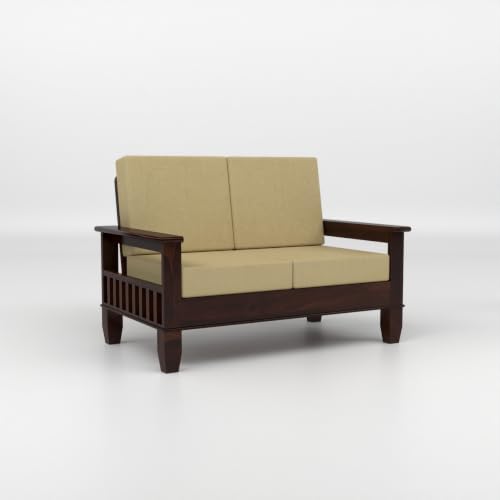 Image of Solid Sheesham Wood 4 Seater Sofa Set for Living Room | Premium Wooden Sofa with Cushioned Fabric Seats | Side Magazine Rack | Modern Furniture for Home & Office