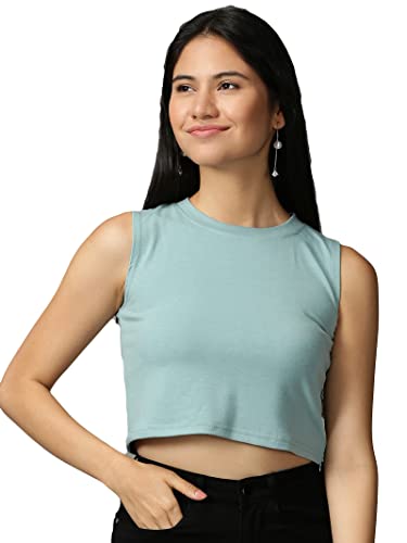 Image of SHOWOFFFF Women Solid Casual Top | Round Neck Sleeveless Cotton Top's for Womens | Regular Fit Crop Tops for Women's