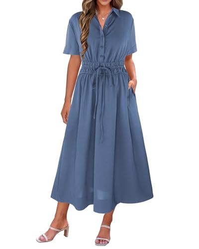 Image of ECOWISH Summer Maxi Dress for Women Casual Flowy V Neck Short Sleeve A Line Empire Waist Tiered Long Dresses with Pockets