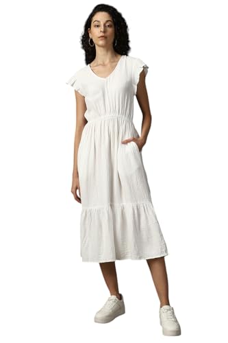 Image of High Star Women Cotton Solid Regular fit V-Neck Sleeveless Dresses