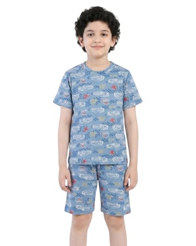 Image of Unisex Kids Pure Cotton Short & Tee Night Suit | Half Sleeve Printed Nightdress | Kids Nightwear /Nightdress for Boys | 11-12 Years | T-Shirt & Shorts Combo Set Black