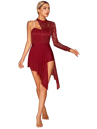 iiniim Womens Floral Lace One Shoulder Ballet Leotard Dress Mesh Sheer Asymmetric Lyrical Dance Dresses Burgundy S