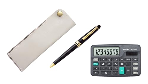 ミニ電卓付 横ホックペンケース白 メタルリングキャップスライド式レトロペンセット T23-D-NK01W-8838B