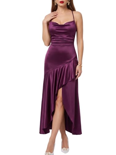 Rosegalette Women's Cowl Neck Maxi Dress Lace Up Backless High Split Ruffle Prom Party Gowns,Red Wine,L
