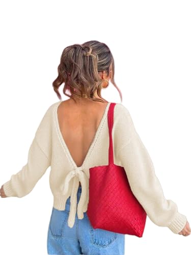 GORGLITTER Womens Bow Open Back Sweater Top Trendy Long Sleeve Backless Off Shoulder Knit Sweaters Apricot Medium