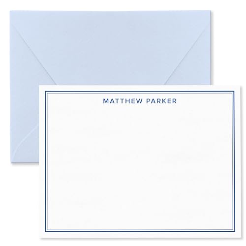 Personalized Note Cards Stationery for Men with Name and Border - Custom Stationary Set with Envelopes - Flat A2 Custom Notecards, Choose Your Colors and Set Size (Double Border Modern Font)