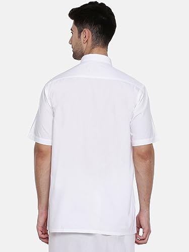 Image of RAMRAJ COTTON Mens Solid Regular Fit Half Sleeve Ethnic White Cotton Shirt