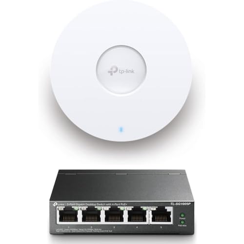 TP-LINK EAP610 & TL-SG1005P Bundle | Omada True Wi-Fi 6 Ultra-Slim Wireless Access Point w 5 Port Gigabit PoE Switch, 4 PoE+ Ports @65W for Seamless Business Office Mesh Roaming WPA3, MU-MIMO