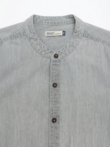 Image of Amazon Brand - INKAST Men Washed Cotton Twill Denim Casual Button Down Shirt | Mandarin Collar | Full Sleeves | Regular Fit | Stylish Summer - Everyday Wear