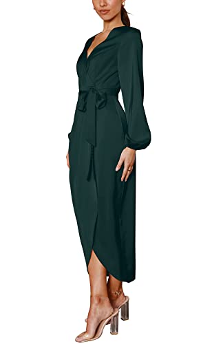 Womens Wedding Guest Dress Deep V-Neck Tie Waist Split Midi Formal Dress Green L #TOP2