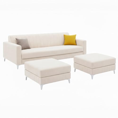 Image of Amelia 5 Seater L Shape Sofa Set with 2 Movable Ottomans | Flexible Layout | Rich Velvet Suede Fabric | Silver Legs | Spacious Soft Touch Seating | Modern Sofa for Living Room (Cream)
