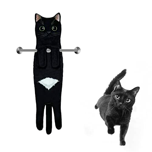 Toalla de Mano, Decoración de Gato Toallas Colgantes Toallas Faciales, Toallas de Manos Lindas de Gato, Absorbente Toallas de Mano, Toalla de Manos con Forma de Gato para Cocinas y Baños(gato negro)