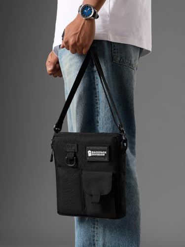 Image of The Souled Store Raven Sling Bags | Premium Polyester Matty Crossbody Bag | Compact Messenger Rucksack with Water-Resistant Lining & 11 inch iPad Sleeve for Men & Women
