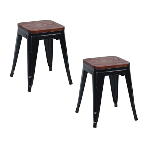 THINIA HOME Pack 2 Taburetes Bajos Industriales Apilables de Acero y Madera 38x38x46cm