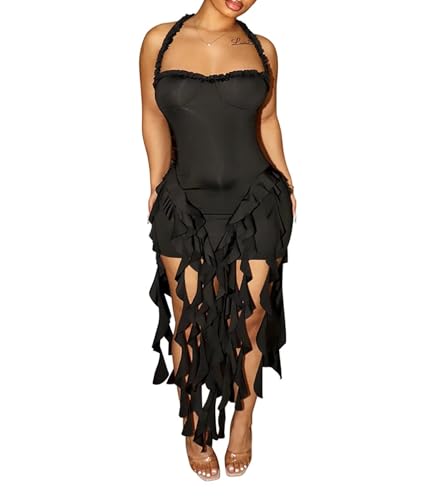 Image of Aro Lora Womens Sexy Halter Neck Sleeveless Ruffle Tassel Party Club Bodycon Mini Dress