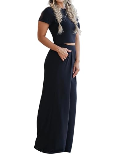 Costume Décontracté Deux Pièces Femme Ensemble Fluide Noir Ample à Manches Courtes S