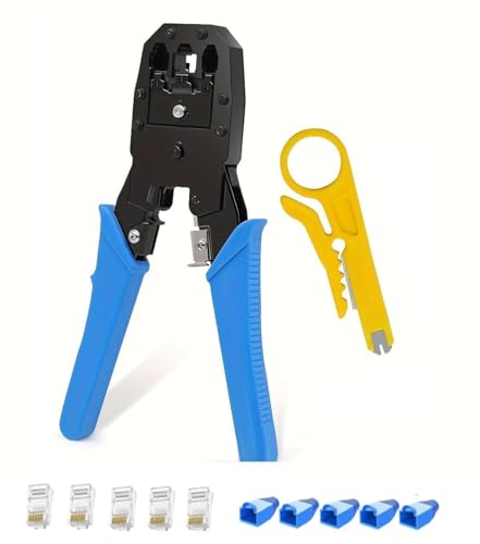 Image of Inditrust 3-in-1 RJ45 Crimping Tool Kit - Wire Stripper, Cutter & Crimper for RJ45, RJ11, RJ12, Cat5e /Cat6 LAN Cable with 5 Connectors & 5 Boot Covers - Blue /Green