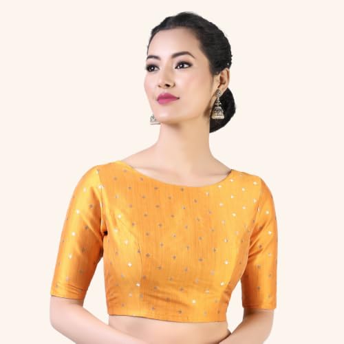Image of Studio Shringaar Women Cotton Silk Silky Brocade Readymade Elbow Length Sleeves Saree Blouse Choli