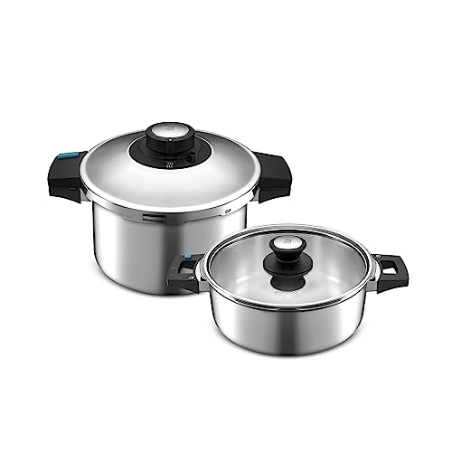 Karaca Quick & Safe 2-Piece Stainless Steel Pressure Cooker Set, 4L+6L, Induction Multi Cooker Pot, 2 Cooking Programs, Dishwasher Safe, All Hob Types, Silver (Small & Large)