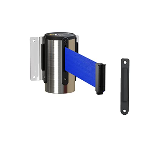 Montour Line WM215 Wall Mounted Retractable Belt Barrier with Fixed Belt End, Polished Stainless Steel Case (16 ft Blue Belt)