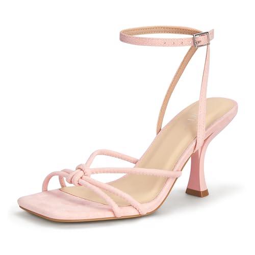 Image of PARTY Women's Square Open Toe Strappy Heeled Sandals 3 inch Stiletto Kitten Heel with Ankle Buckle Strap, Comfortable Slingback Summer Dress Shoes