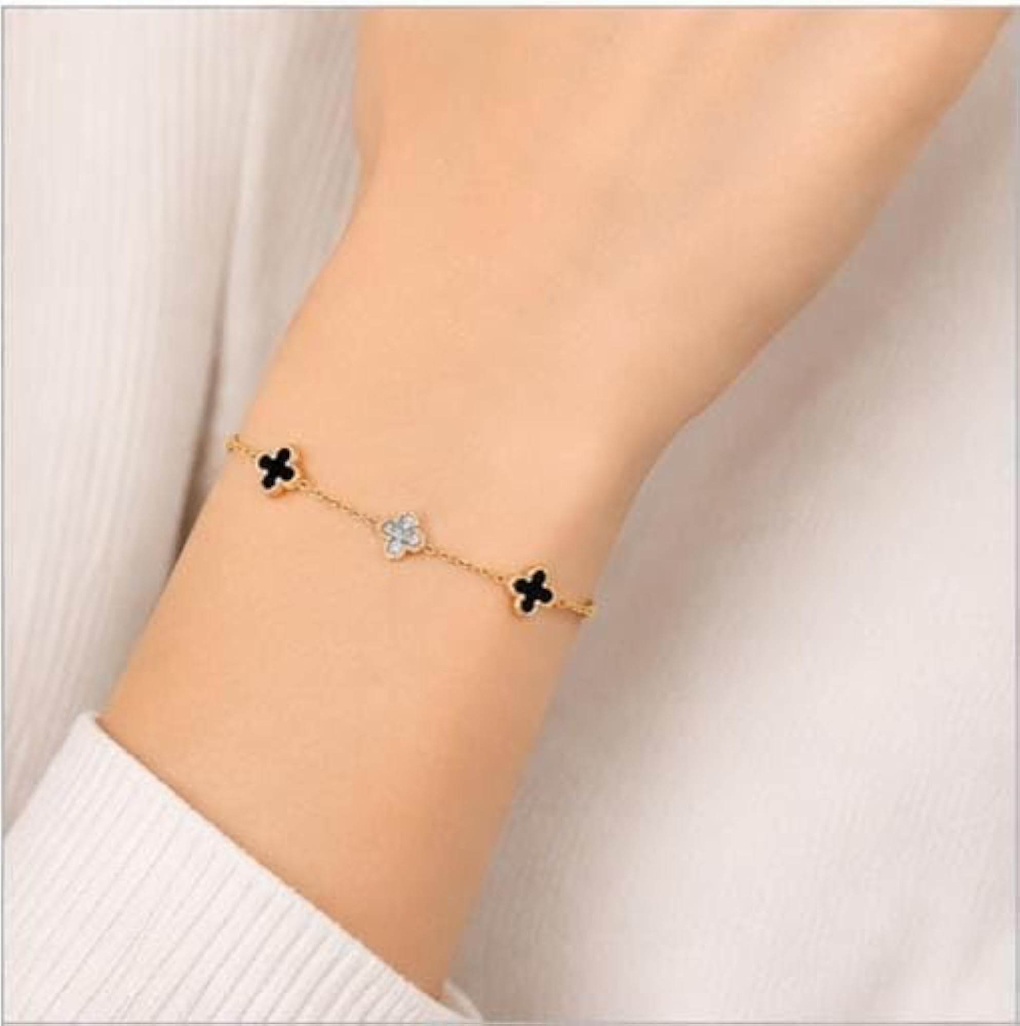 Gold-Tone Clover Charm Chain Bracelet with Black Enamel