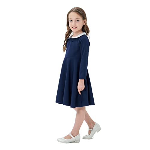Hcabl Girl'S Short And Long Sleeve Casual Vintage Peter Pan Collar Fit And Flare Skater Party Dress 2-12 Years Dark Blue thumb #6