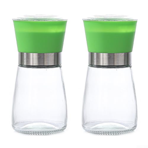 Lot de 2 moulins à épices manuels en acier inoxydable avec bouteille en verre pour sel, poivre et café, rouge, noir, bleu, vert, orange, jaune (plastique vert)