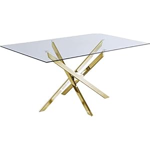 Meridian Furniture Xander Collection Modern | Contemporary Tempered Glass Top Dining Table with Durable Metal Base, 60″ W x 36″ D x 30″ H, Gold Finish
