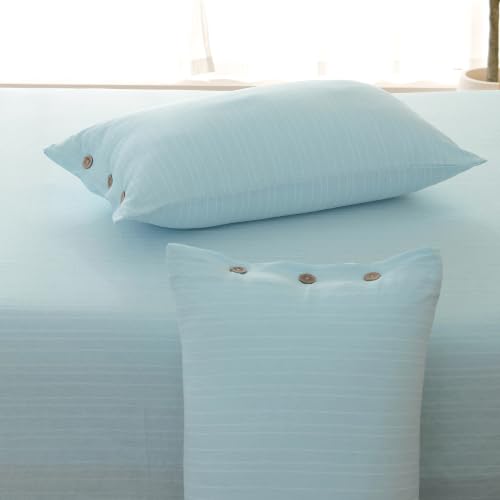 Image of Story@Home Linen King Size Bedsheet Cotton Textured Flat Sheet with 2 Pillow Covers Super Soft Bed Sheet for King Size Bed | 300 TC Striped Pattern | 250 x 270 cm | Sky Blue