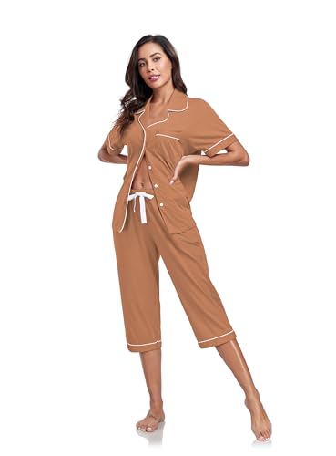 Image of COLORFULLEAF 100% Cotton Capri Pajama for Women Set Summer Short Sleeve Pj Sets for Women Cotton Sleepwear