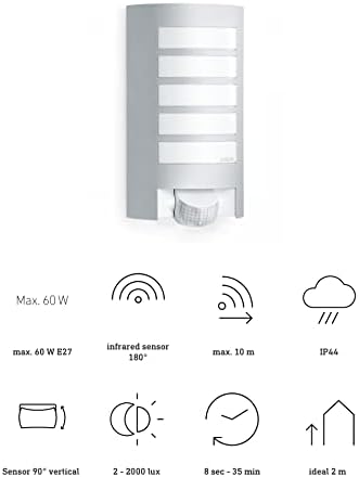 Steinel Outdoor Wall Light L 12 S, 180° Motion Detector up to 10 m range - Robust Weatherproof Aluminium Outdoor Light E27 max. 60 Watts - Porch Light in Silver