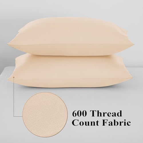 Image of 100% Egyptian Cotton Pillow Protectors Set of 2, 600 Thread Count Standard Size Bed Pillow Cases with Zipper, Sateen Weave Cooling Cases Quiet and Breathable Easy Care (2PCS,Beige)