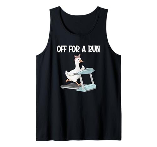 Divertente oca che corre sul tapis roulant con il detto off per una corsa indossando una fascia rosa. Ideale per donne e ragazze che amano correre, fare jogging, corridori e tutti coloro che amano lo sport.
