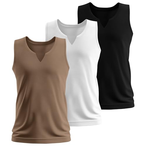 Riyiper 3 Pack Men's Sleeveless Tank Tops, V Neck Longline Henley T Shirts Casual Cotton Muscle Shirts Stretch Athletic Tee2