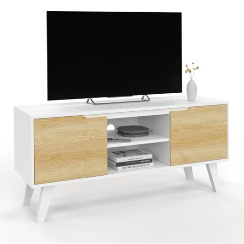 IDMarket - Meuble TV 110 cm FINN Blanc 2 Portes façon hêtre